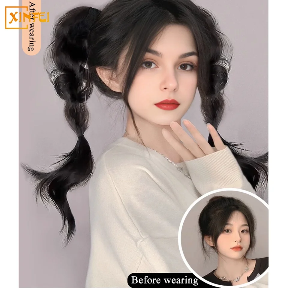 Synthetic Wig Ponytail Female 18 inch Manga Bubble Braid Double Ponytail Fluffy Sweet Twist Braid Fake Ponytail