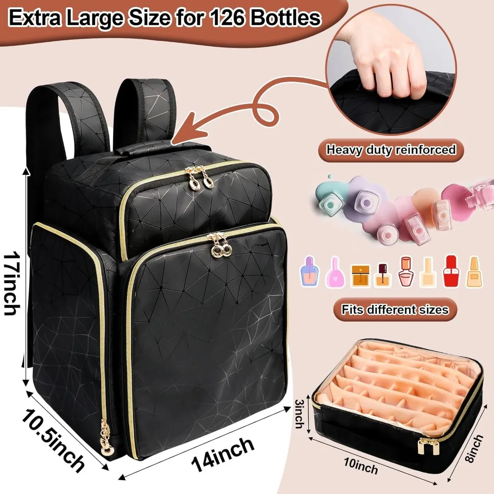 حقيبة ظهر كبيرة جدًا لتنظيم طلاء الأظافر تحمل 126 زجاجة ومصباح، محمولة مع حافظات قابلة للإزالة للسفر