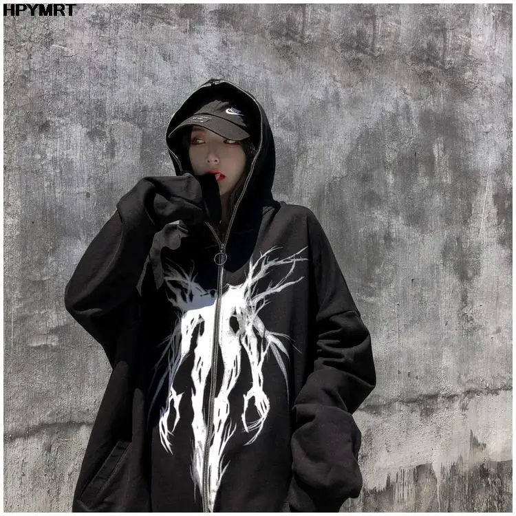 Autumn Fashion Punk Graphic Print Hip Hop Zipper Hoodie Men Women Harajuku Oversized Hooded Sweatshirt Gothic Vintage Streetwear