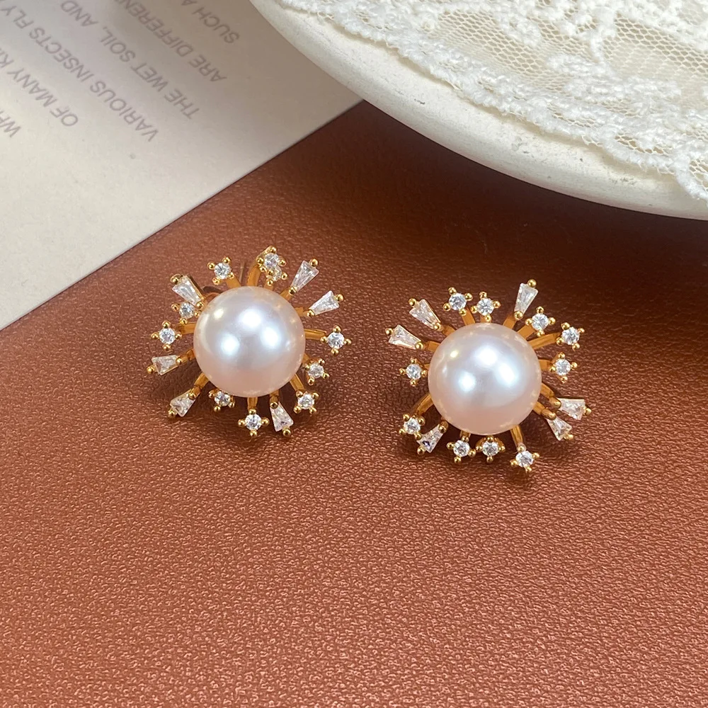 Zircon petal pearl stud earrings exquisite fashion light luxury versatile super flash earrings