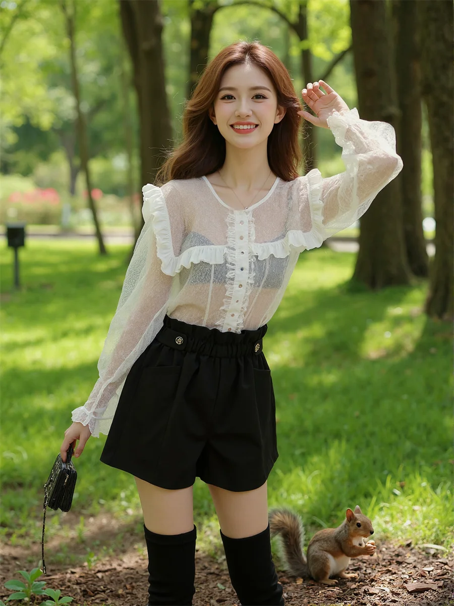 Pantaloncini a gamba larga in lana nera Abbigliamento sportivo coreano da donna Casual Baggy Oversize Palestra Corsa Sportiva per ragazze Elastico in vita Blu Moda