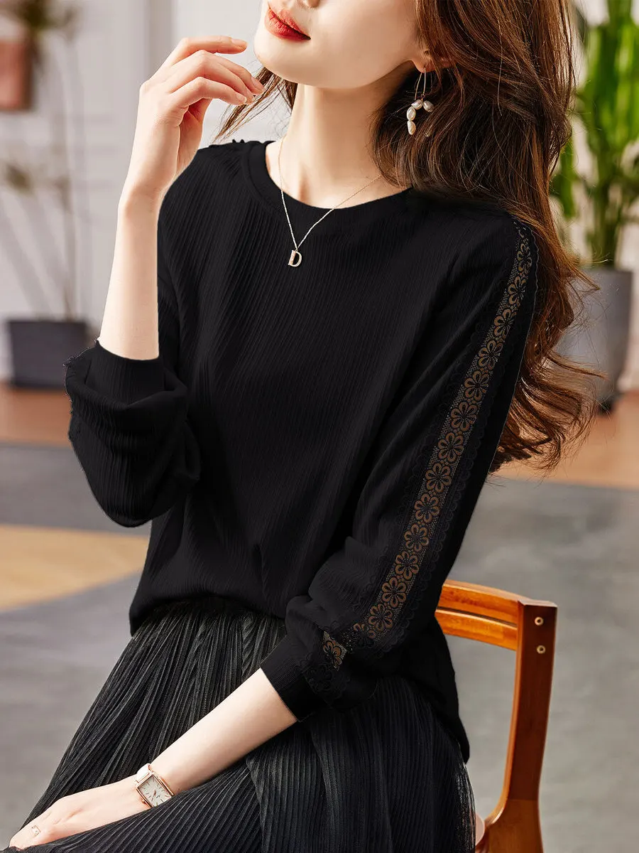 Faionable Outlet camiseta de mujer primavera otoño suave Sle versátil adelgazante Top poliéster LICRA largo Sve redondo Ne