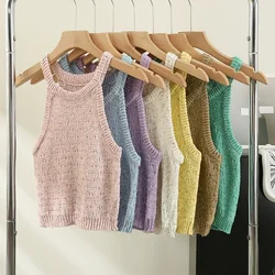 2024 New Summer Women Halter Collar Tank Crop Tops Female Sleeveless Short Knitted T-Shirt Stretchy Camisole Tees for Slim Girls