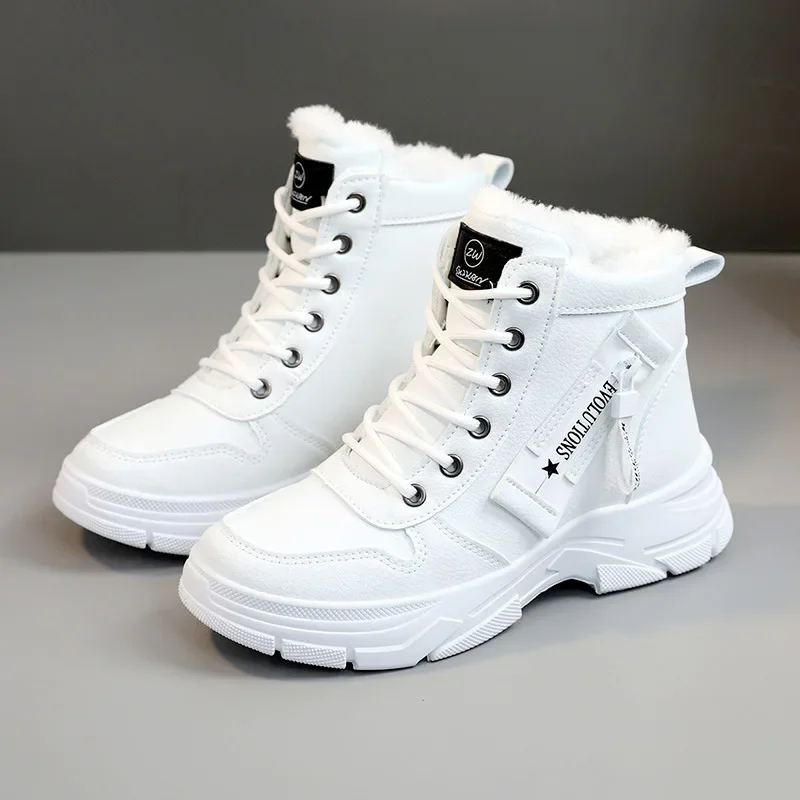 

2024 Winter Women's High-top Sneakers Plush Warm Cotton Shoes Platform Snow Boots for Women Lace Up Ankle Boots Zapatos De Mujer