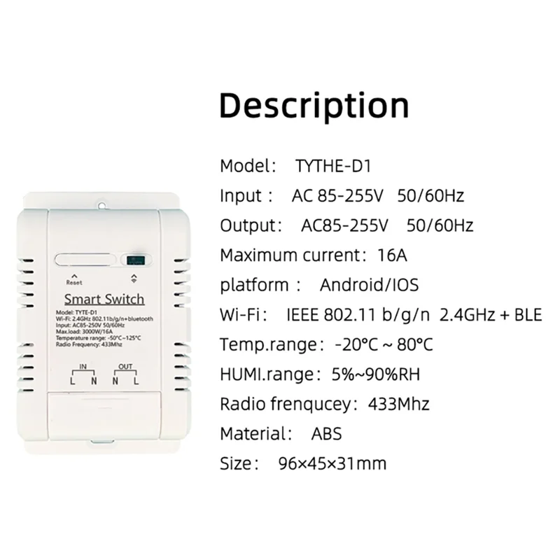 

Умный Wi-Fi-переключатель Tuya 3000 Вт 16A 94X57x32 мм, беспроводной термостат, мониторинг температуры и влажности