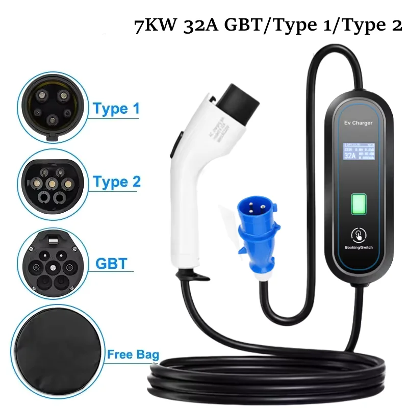 

New GBT Standard EV Charger Wallbox Type2 Cable 32A 7KW with CEE Plug EVSE Type1 Charging Box j1772 Adapter for Electric Vehicle