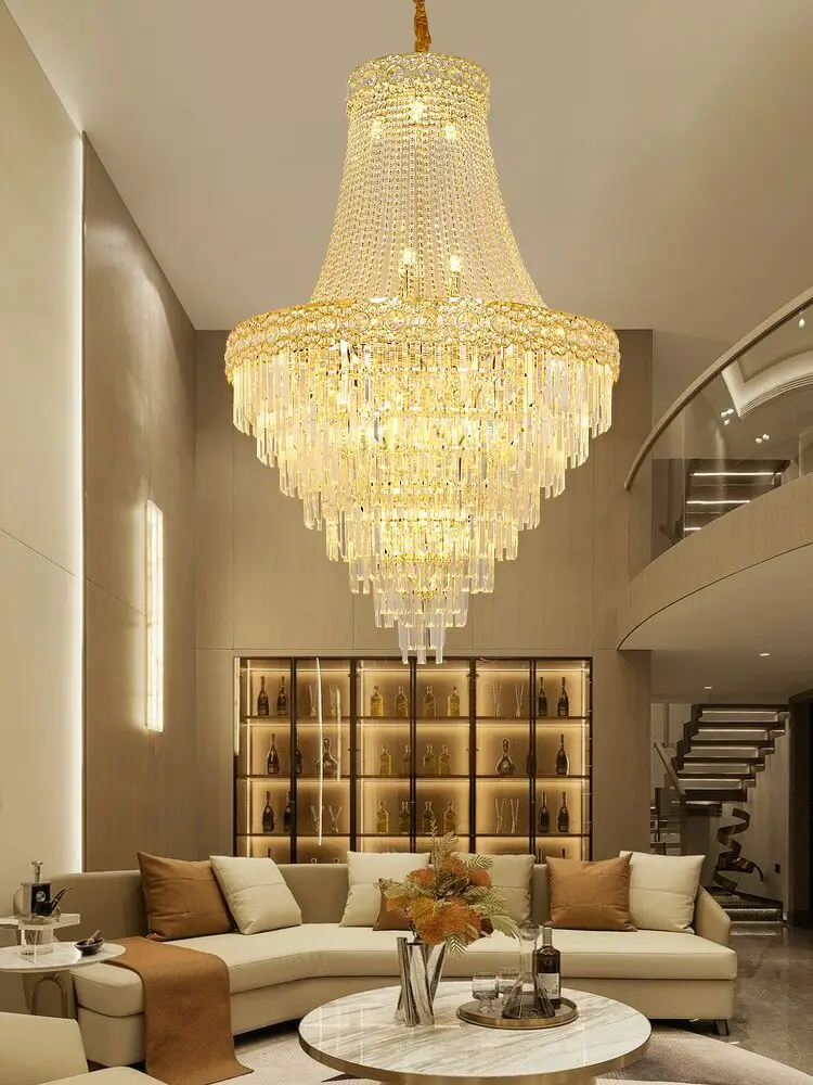 Multi-Layer Crystal Chandelier, Gold Ceiling Pendant Light,  Duplex Stairecase Living Room Lighting, Luxurious Home Decor Lamp