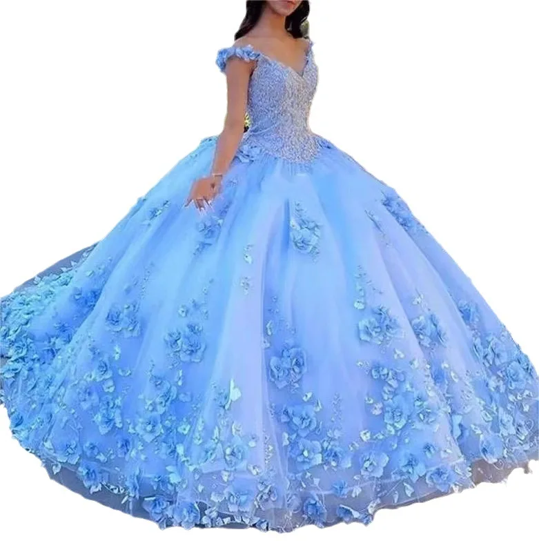 off The Shoulder Blue Quinceanera Dresses Princess Prom Dress Lace Appliques With Flowers Vestidos15 Ball Gown CustomCustomized