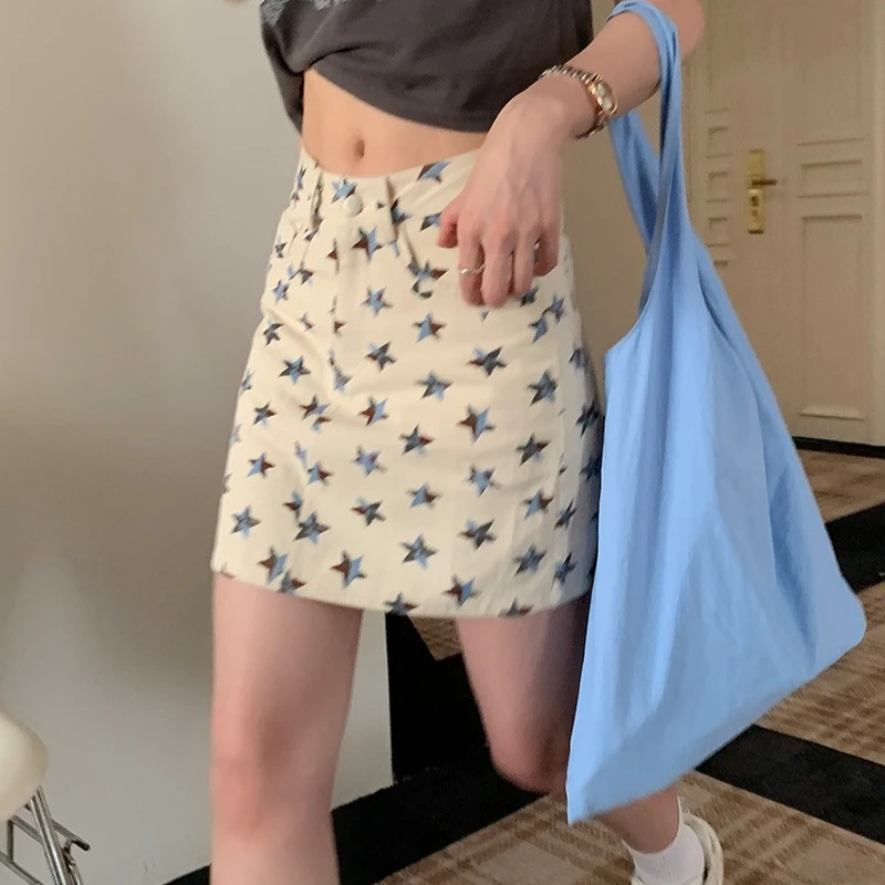 طباعة الدنيم تنورة للنساء الشارع موضة الهيب هوب خمر تنورة صغيرة الكورية موضة الملابس عادية عالية الخصر سليم صالح السراويل