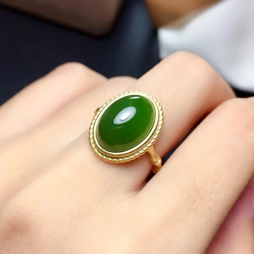 Vintage Silver Jade Ring with 3 Layers 18K Yellow Gold Plating10mm*14mm Natural Green Jade Ring for Party Woman Gift