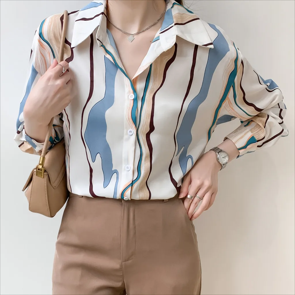 

Lady Long Sleeve Striped Shirt Fashion Korean Style Work Casual For Women Blouse Top