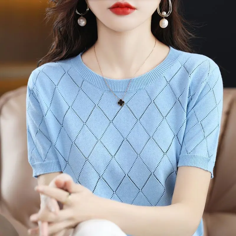 2024 Summer New Women\'s Pullovers Round Neckline Hollow Out Fashion Slim Short Sleeved Ice Silk Versatile Knitted T-shirt Top