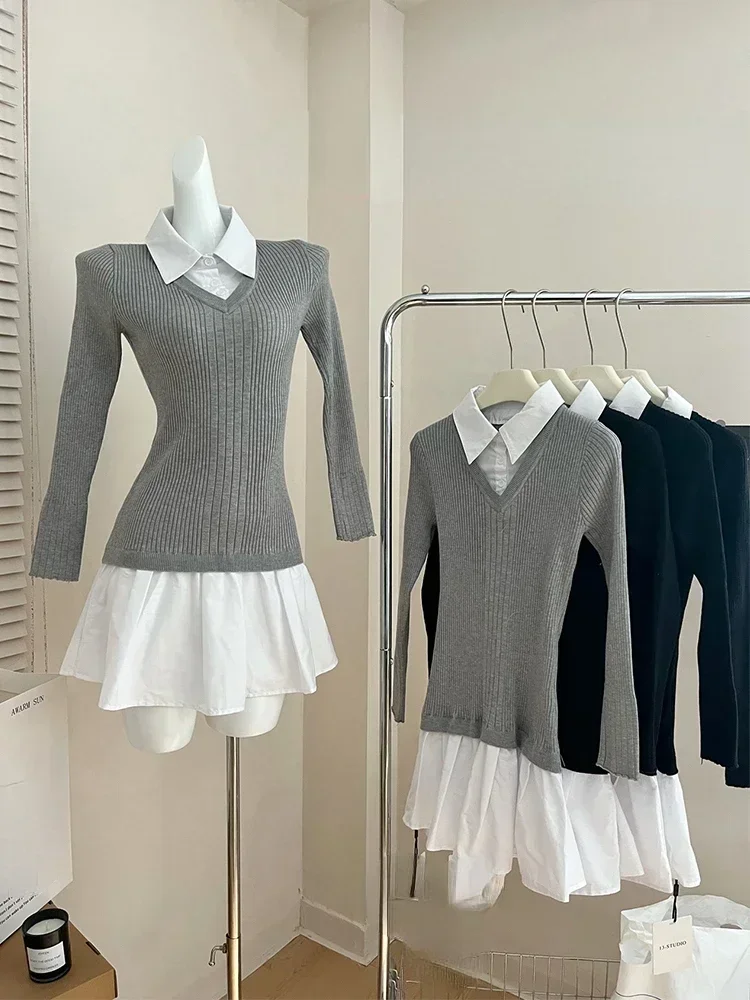 

Women Gyaru 2000s Aesthetic Vintage Long Sleeve One-Piece 2025 New Preppy Style Fake Two Pieces Mini Knitted Shirts Dress