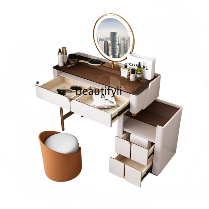 

Italian Light Luxury Tawney Tempered Glass Dressing Table Small Apartment High-Grade Intelligent Retractable Makeup Table