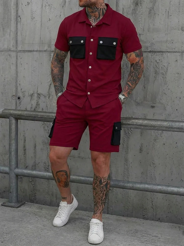 2026 Summer Casual Mens Two Piece Sets Vintage Multi Pockets Short Sleeve Shirts And Shorts Outfits Men Streetwear Fashion Suits