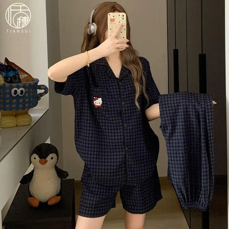 

Sanrio 3Pcs Hello Kitty Women's Pajamas Set High Quality Summer Short Sleeve Cute Household Comfortable Clothes Loungewear Pants