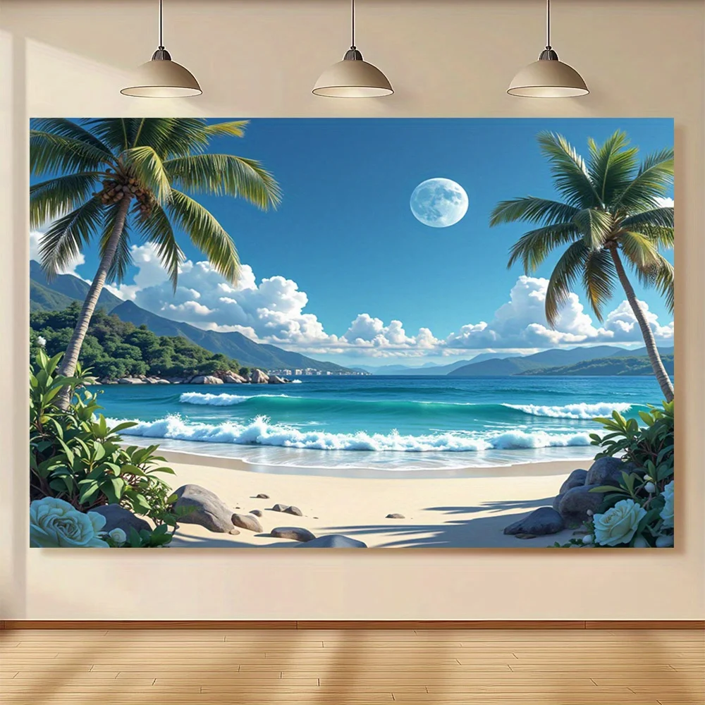 1pc Hawaii Beach Scene Wall Tapestry - Tropical Party Banner with Palm Trees, Ocean Waves & Full Moon for Weddings, Birthdays,