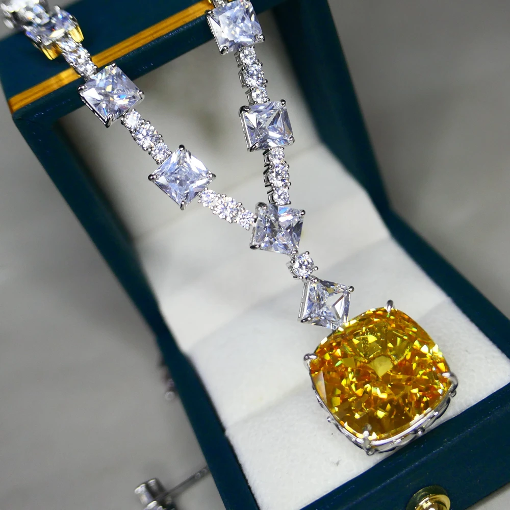 KQDANCE Sparkling Radiant Cut 20*20mm Pink High Carbon Diamond Tennis Chain Necklaces With Large Cushion Stone Women Jewelry