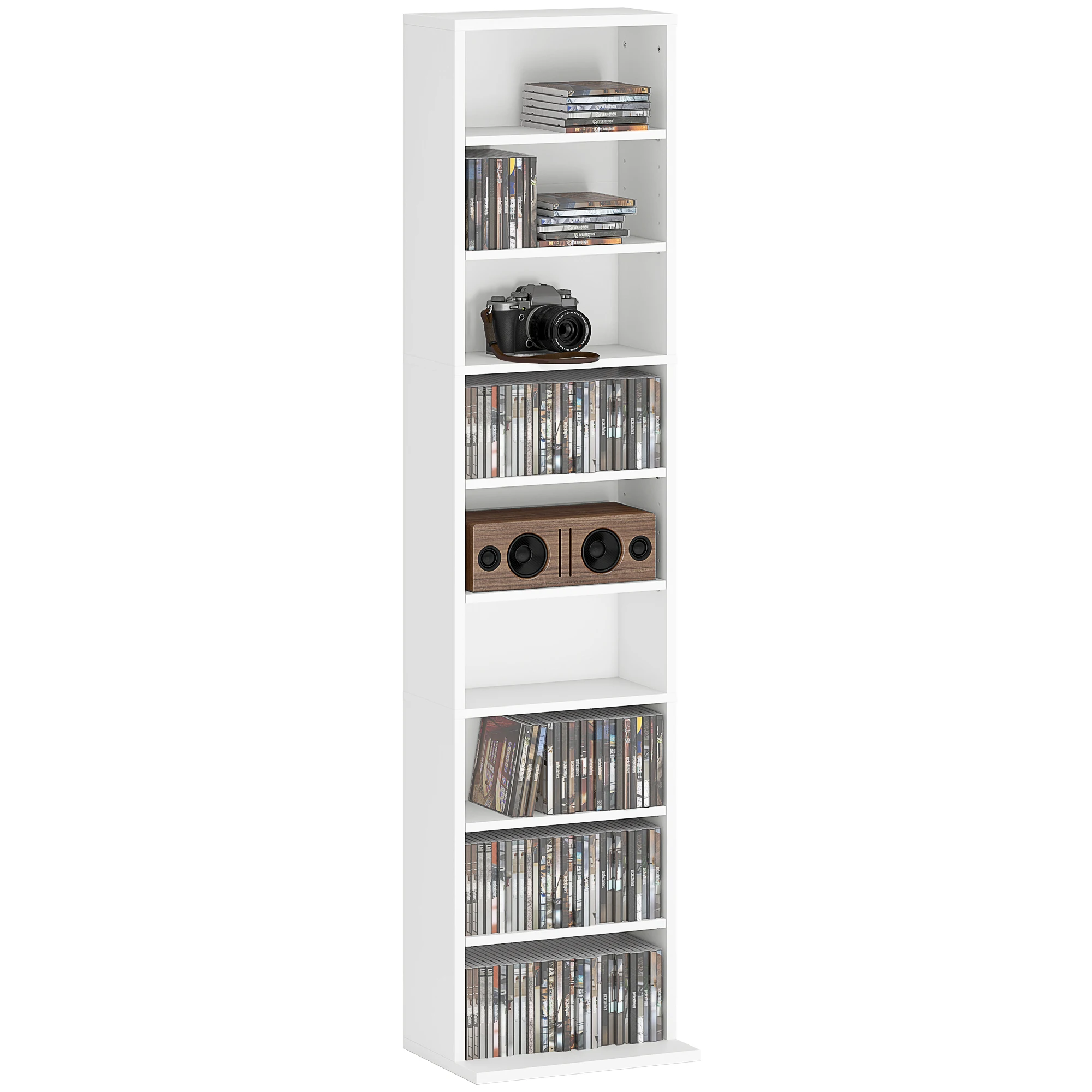 HOMCOM Estantería para CDs y DVDs Soportes para CD Estrechos con 9 Compartimentos Estantes Ajustables para Salón Oficina 33x24x140 cm Blanco