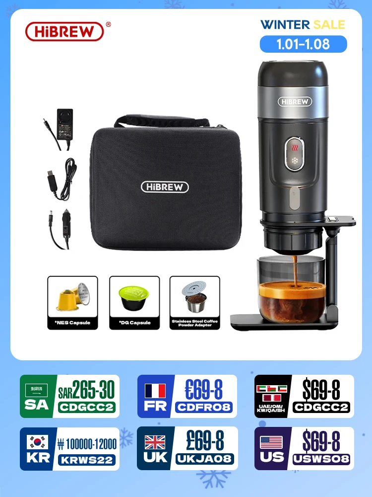 HiBREW Portable Coffee Machine for Car & Home,DC12V Expresso Coffee Maker Fit Nexpresso Dolce Pod Capsule Coffee Powder H4A