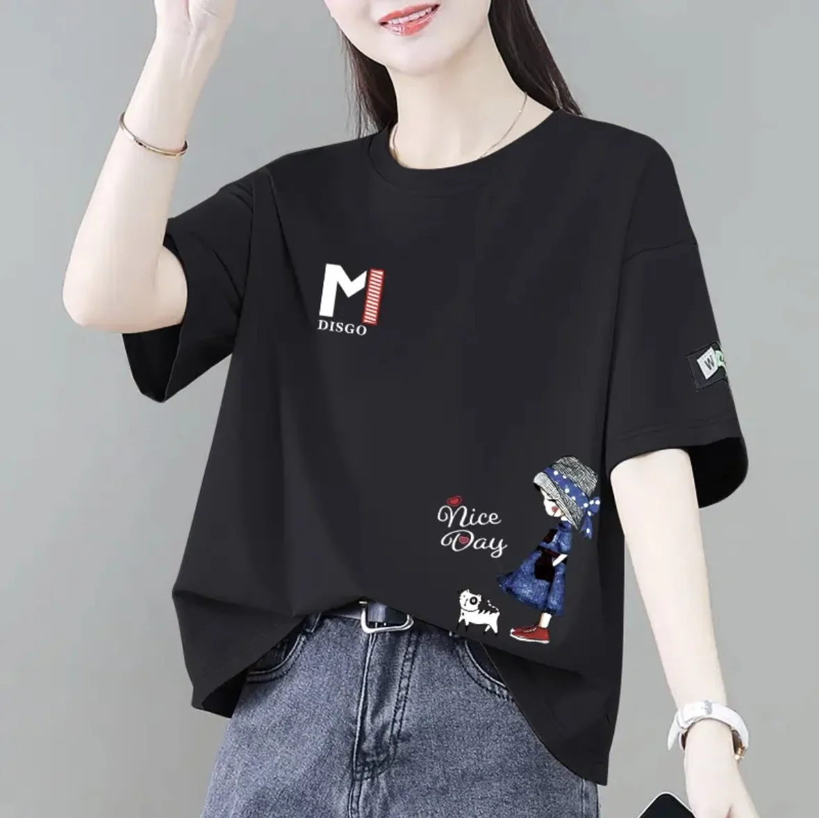 2026 Summer Hot Selling New Girl Cute Sweet Casual T-shirt Pattern Printed Fashion Round Neck Short Sleeve Slimming Women's Wear