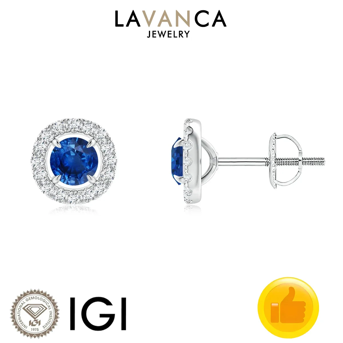 

Round Lab Grown Sapphire Earrings Round Lab Diamond Accents Earrings Classic 9K/14K/18K White Gold Halo Style Stud Earrings