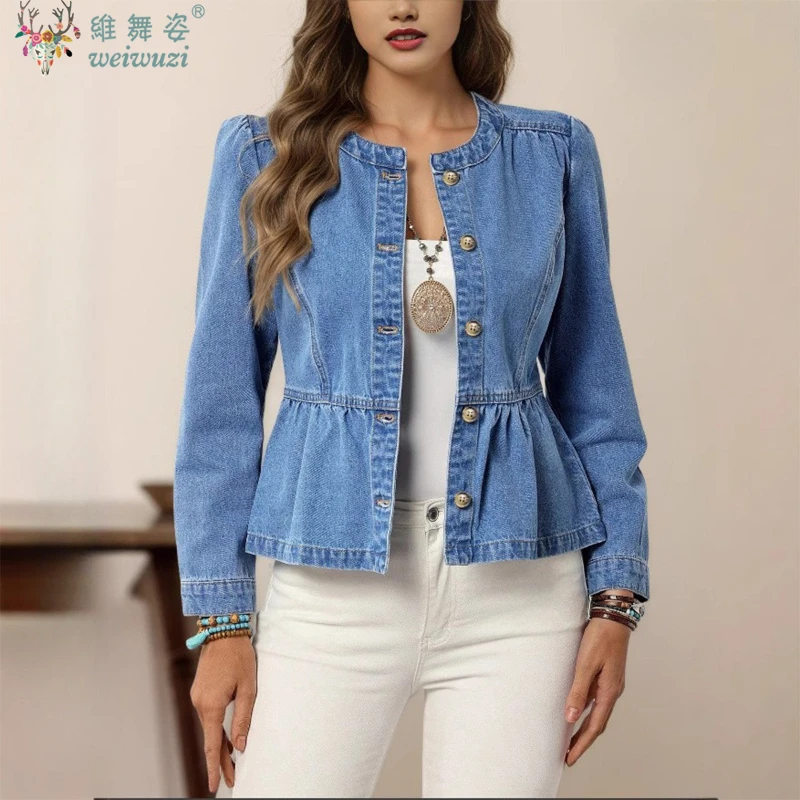 

Элегантная женская джинсовая куртка с круглым воротником, офисная женская мода, повседневное ковбойское пальто, короткий топ, верхняя одежда, осенняя теплая тонкая уличная одежда
