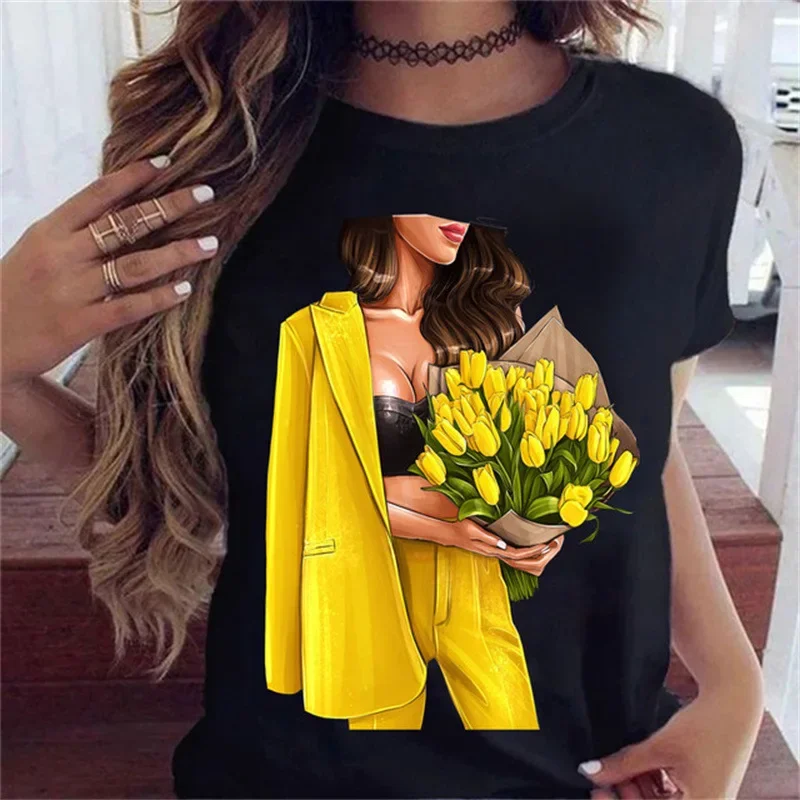 Women's Fashion New Bouquet Fashion Girl Fashion Large Size Trend Printed Cartoon Graphic T Shirts Goth  Y2k Top  Harajuku Tops