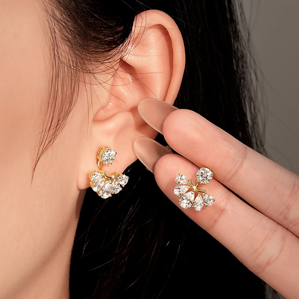 Abestecom D Color VVS1 Moissanite Stud Earrings Pear Multi‑Stone Front Back Earrings Wedding Fine Jewelry Gift For Women