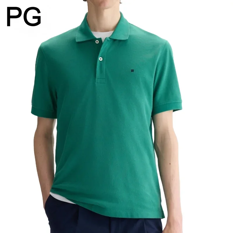 PG Small Logo Embroidered Solid Color Cotton Short Sleeve Polo Shirt Men Regular Fit Minimalist Casual Tops