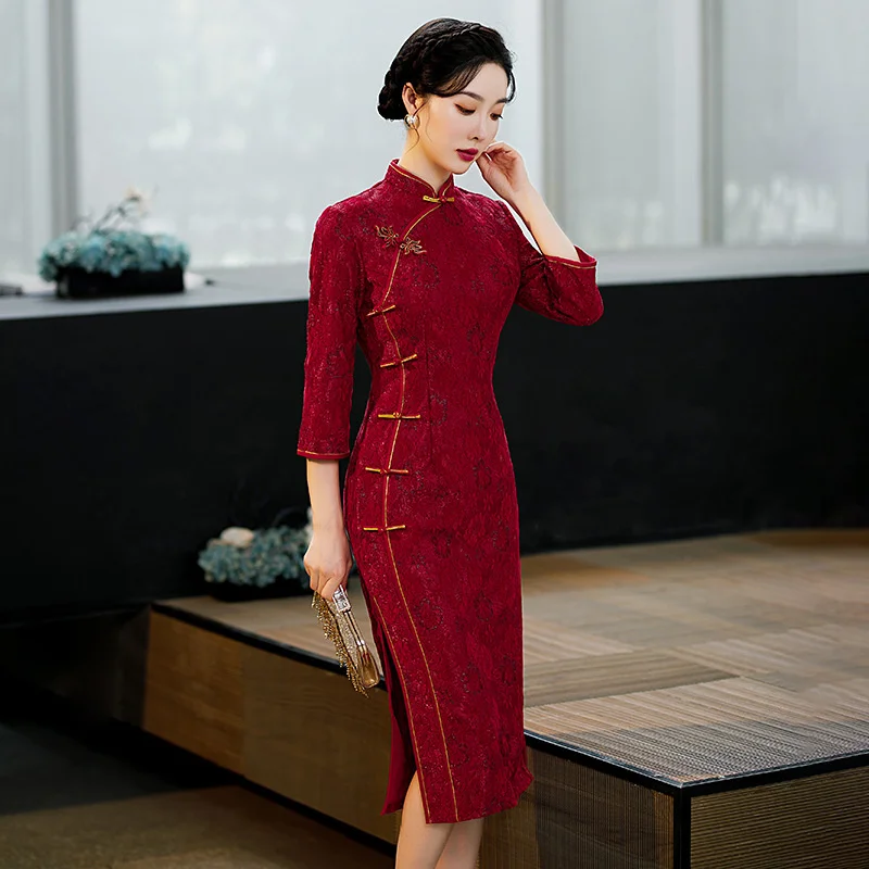 

Sheng Coco Wine Red Lace Long Sleeve Toast Dress Bride's New Wear Engagement Cheongsam Back Door Dress Sexy Wedding Dress