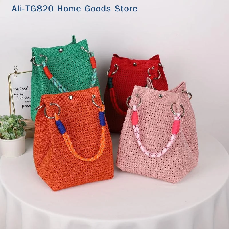 [TG820]Mini Knitted Bucket Bag Women Small Handbag Geometric Colorblock Wristlet Purse With Detachable Handle 1PC