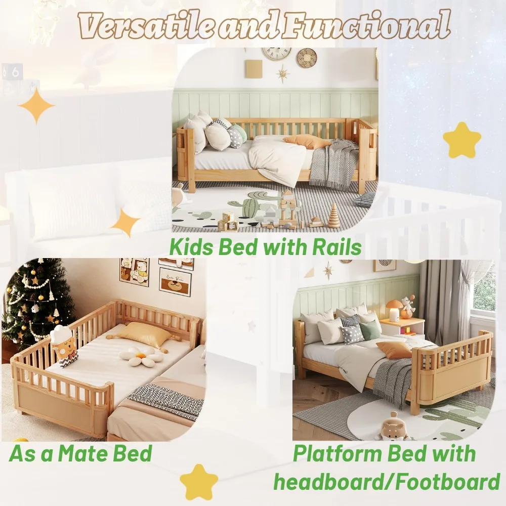 Estrutura de cama infantil de tamanho duplo, cama de solteiro montessori de baixo perfil com trilhos, sofá de madeira para meninas e meninos, sem necessidade de caixa de mola,