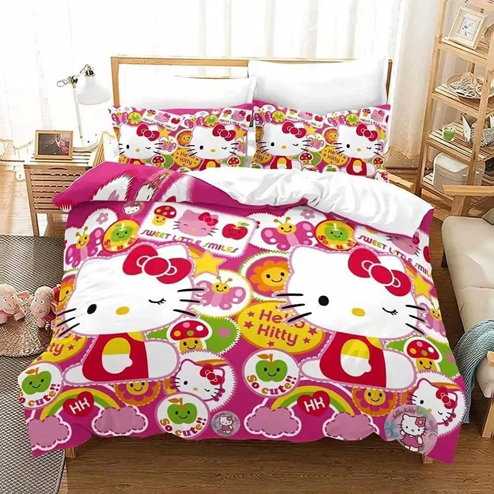 Cartoon Hello Kitty Pattern Print Bedding Comforter Quilt Bed Cover Duvet Cover Pillow Case 2-3 Pieces Sets Kids Adult Size