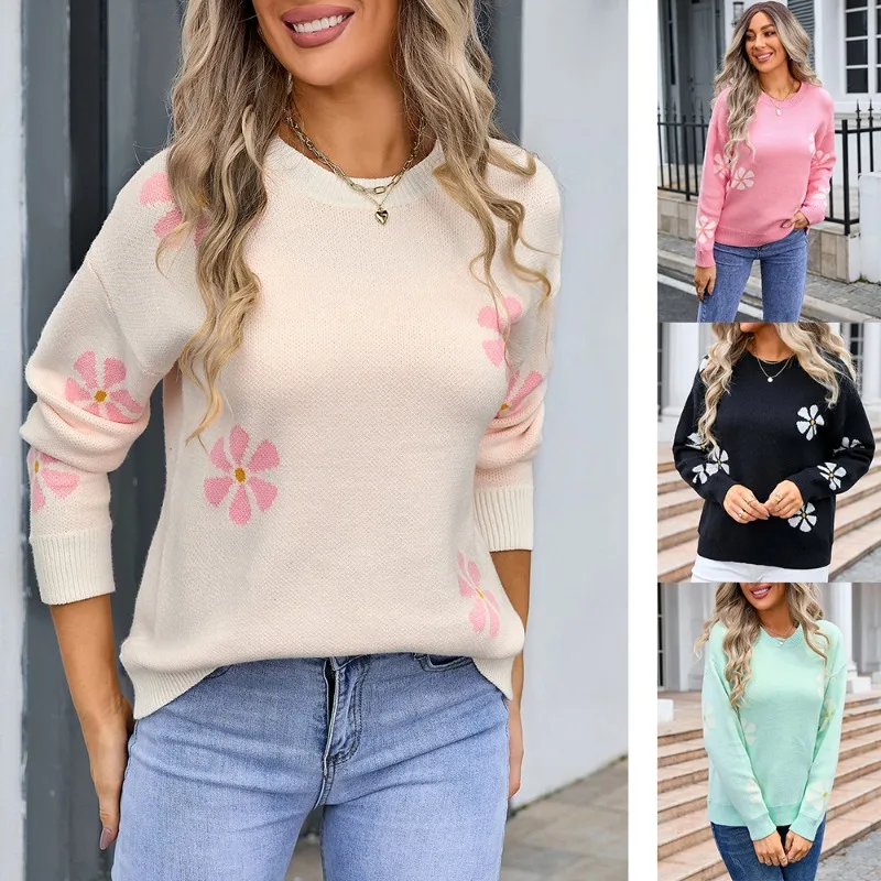 

YYAHAHAAS 2025 Spring New Women's Top European and American Foreign Trade Knitted Sweater Color Contrasting Flower Pullover
