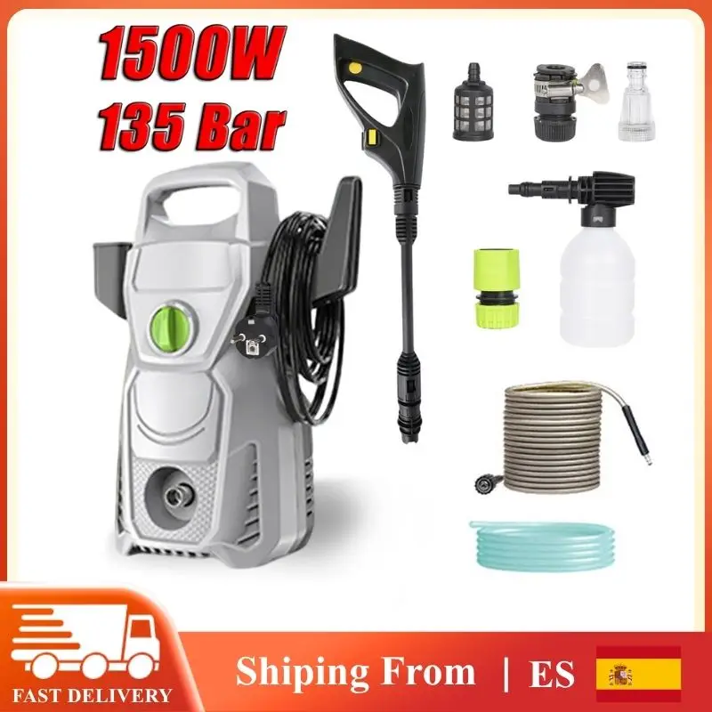 Hidrolavadora de 1500W y 135 Bares, 560L/H, con Boquilla Ajustable y Manguera de 10m, Múltiples Entradas de Agua para Limpieza de Autos, Patios y Entradas de Vehículos