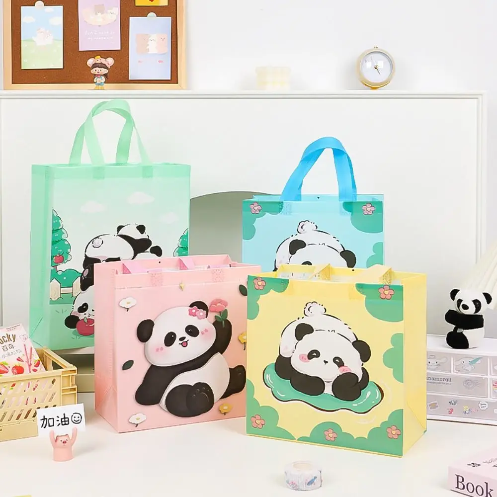 Grande capacidade Cartoon Panda sacola não tecida, Saco de armazenamento colorido com alças, Eco Friendly sacos de compras para meninas