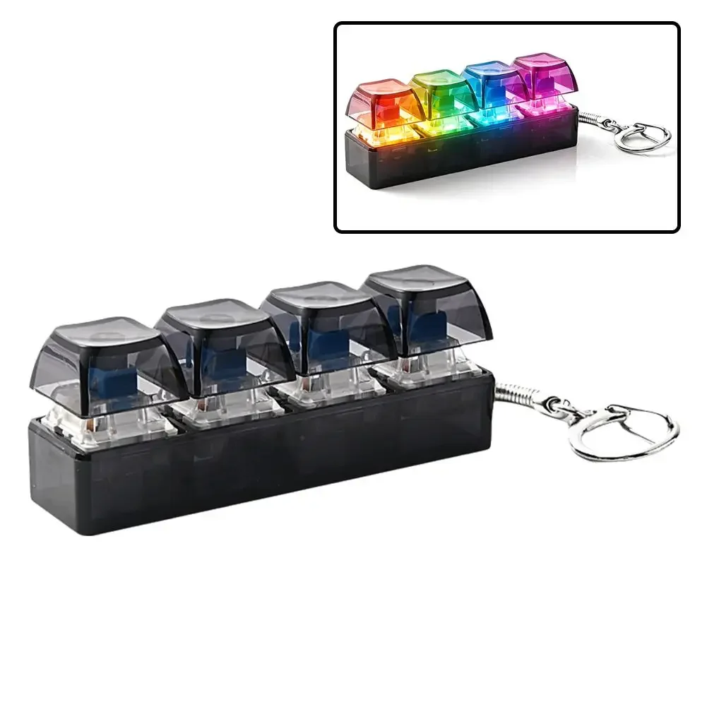 4 Keys LED Keyboard Keycap Keychain, Mechanical Switch Clicker Button, Relief Stress Pinch Toy, Transparent Fidget Keyring
