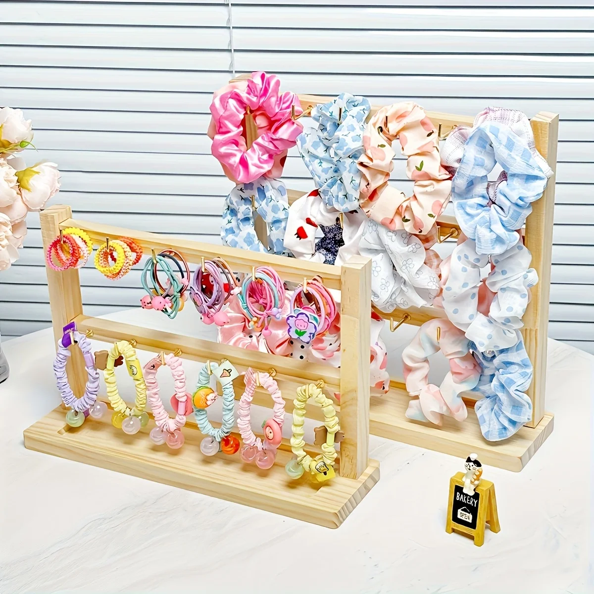 Multi-Rod Wooden Hair Accessories Display Stand, Scrunchie Hair Tie Storage Holder for Home Shop