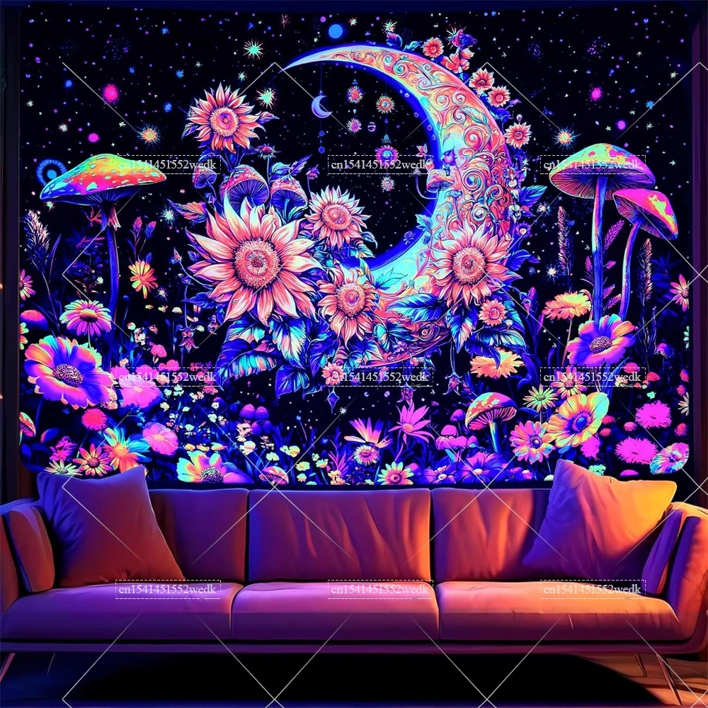 Blacklight Tapestry Mushroom Moon UV Reactive Aesthetic Sunflower Plants Black Light Tapestry Wall Hanging Glow In The Dark