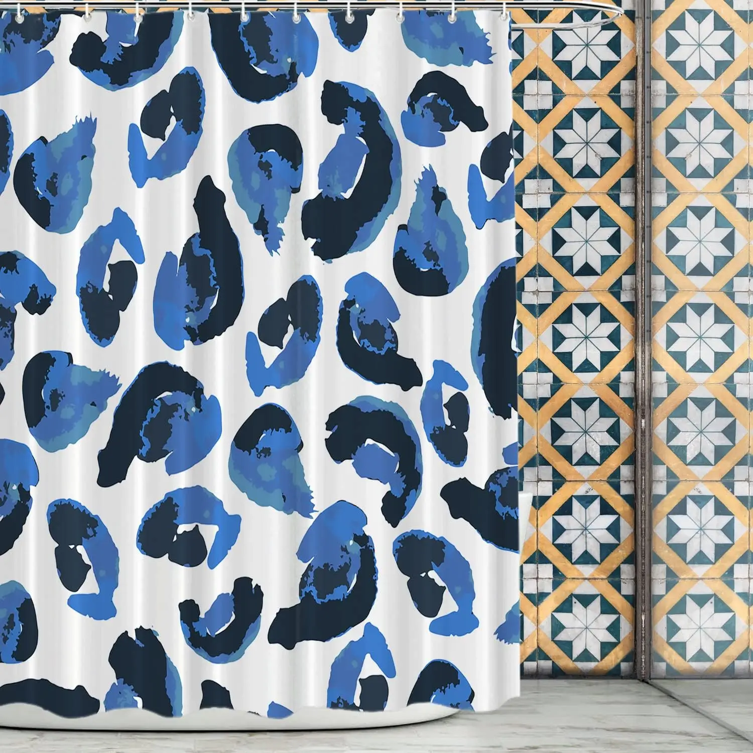 

Abstract Blue Animal Print Shower Curtain Navy And Light Blue Spots On White Contemporary Bathroom Decor Unique Artistic Style