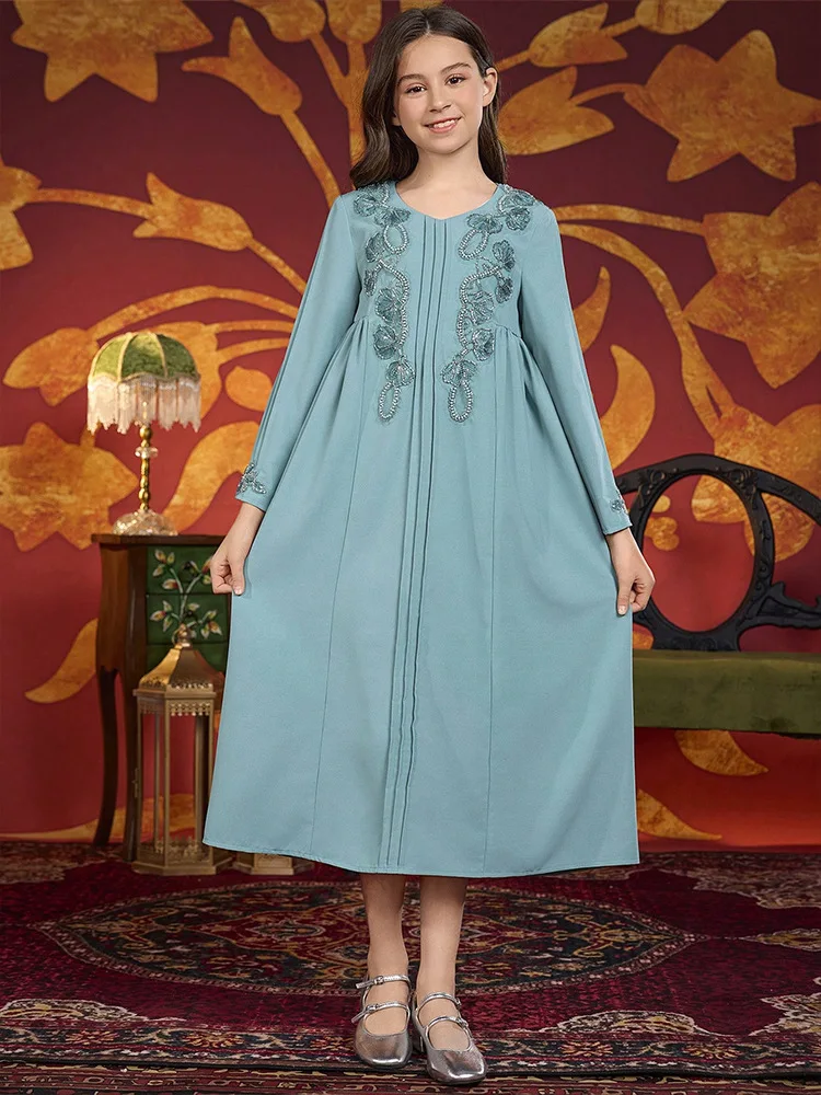 Middle East Abayas for Kids Girls Muslim Dress Beads Gown Ramadan Eid Djellaba Dubai Kaftan Morocco Robe Arabic Caftan Vestidos