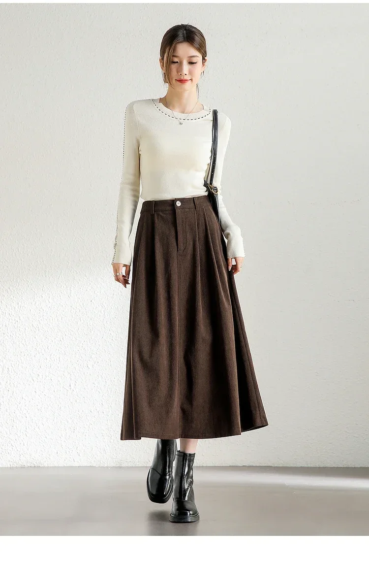 SENTUBILA A-line Corduroy Skirt for Women 2024 Winter Casual Commute Simple Folds High Waist Elegant Midi Skirt 144Q57481