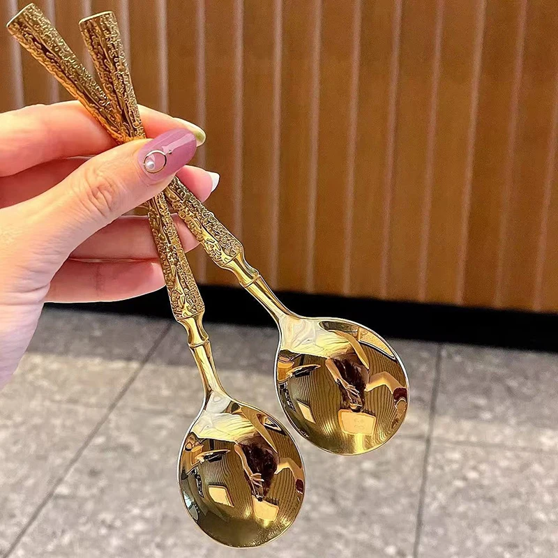 Cuchara de cabeza redonda coreana con mango largo, diseño de hielo de acero inoxidable, cuchara de postre occidental craquelada de hielo creativa, accesorios de cocina