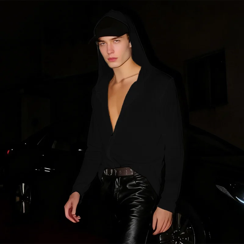 

INCERUN Men T Shirt Solid Color Hooded Long Sleeve Zipper Casual Male Tee Tops Streetwear Knitted Fashion Men Clothing S-3XL