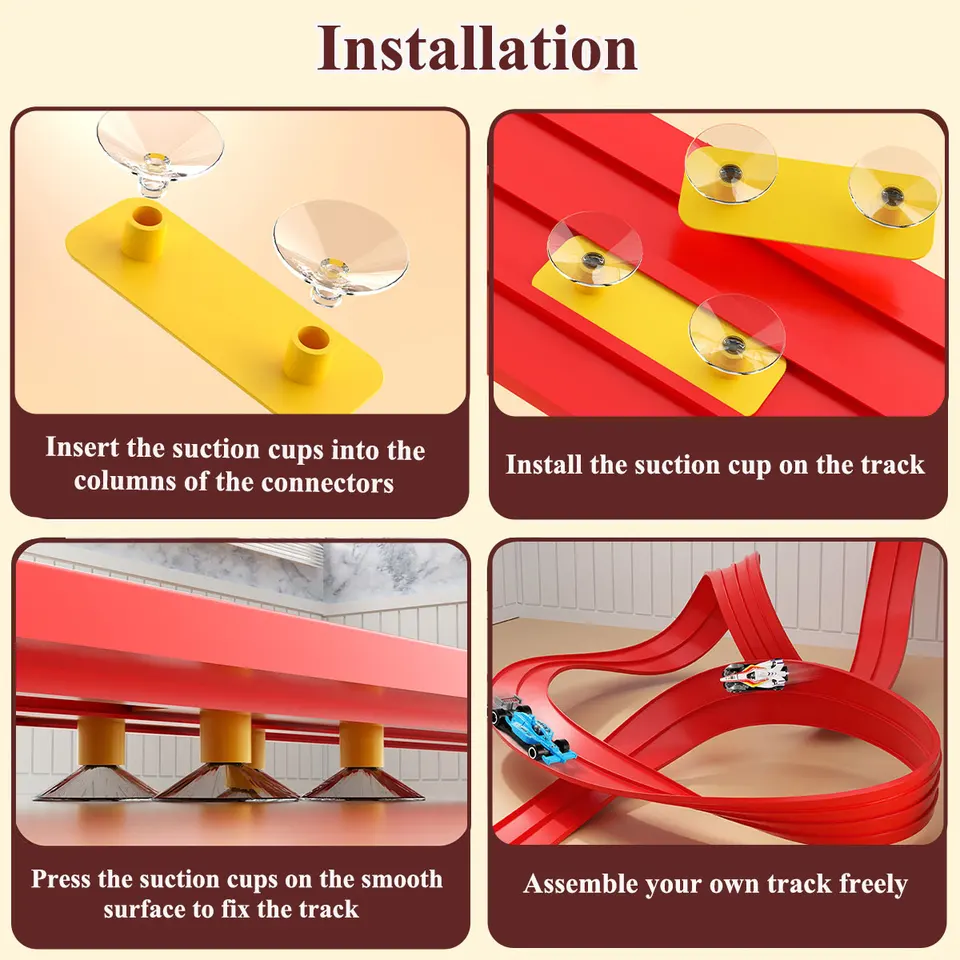 Pista De Coches Flexible De 4,6 Metros Con Rampa Doble | Circuito Portátil DIY Con 4 Coches Y Ventosas Para Pared