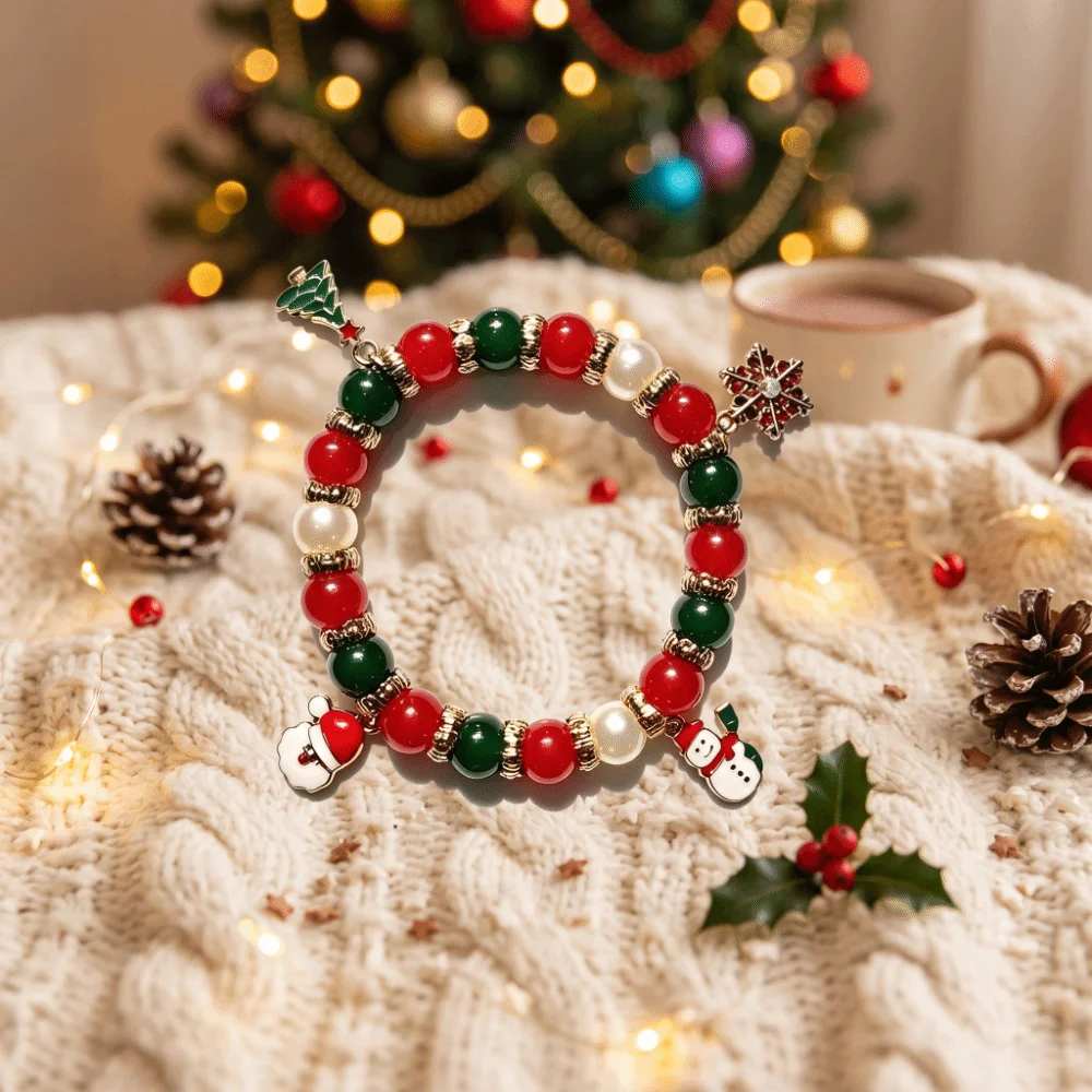 Snowman Beaded Christmas Bracelet Christmas Tree Snowflake Beaded Bracelet Red&Green Santa Claus Charm Bracelet Party