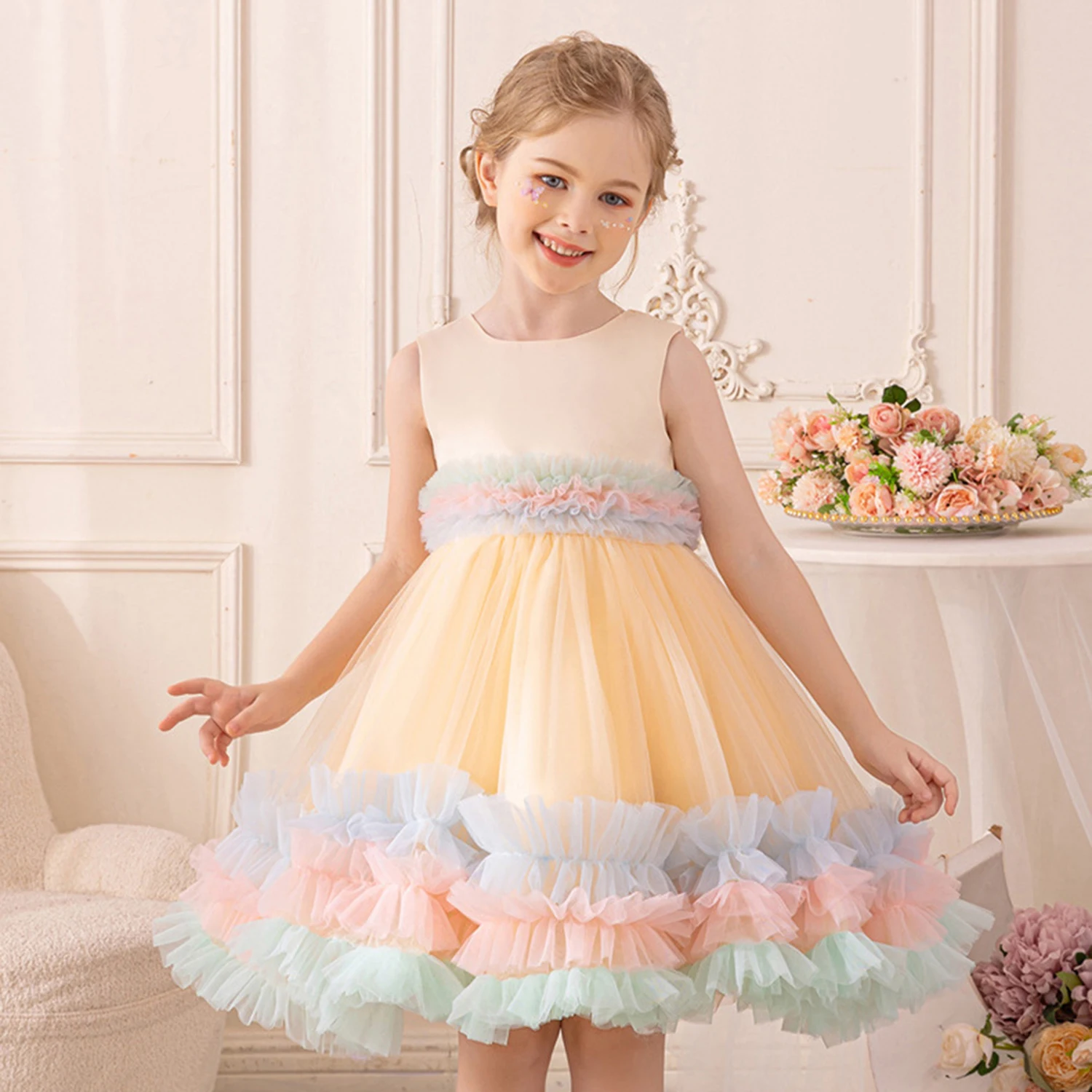 Elizabeth Fashion 2-8 Years Little Girls Rainbow Ruffled Birthday Party Graduation Ceremony Pageant Festival Holiday Dress