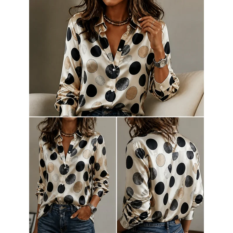 20256 Women's Elegant Irregular Polka Dot Digital Print Silky Satin Shirt, Collared Long-Sleeve Single-Breasted Shirt