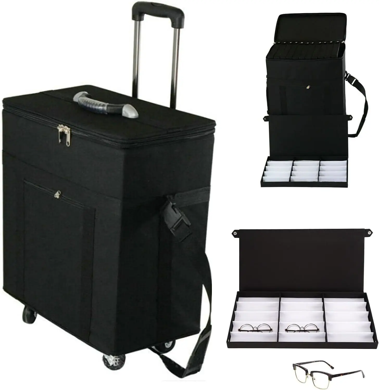 

Кейс-тележка для очков на 180 отделений с жестким корпусом и колесиками, портативный органайзер для хранения для дома и магазина